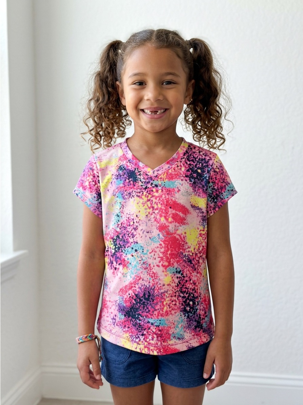 Champion Multicolor Pink Splash V‑Neck Tee